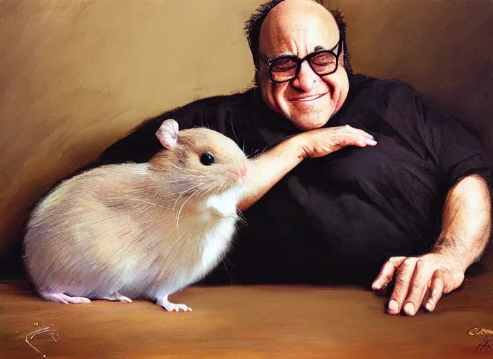 Image similar to a highly detailed beautiful portrait of danny devito with a hamster, by gregory manchess, james gurney, james jean