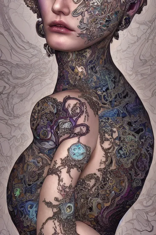 Image similar to A fractal Mesmerizing 8k hyperrealistic Photo Portrait of a pale skinned human with a tattoo by Joe Fenton that is transforming into iridescent geometry, cyberpunk, Surrounded by Mist, highly detailed, intricate, sci-fi, sharp focus, subsurface scattering, art by Ayami Kojima, artgerm, Greg Tocchini, Alphonse Mucha, Yoshitaka Amano