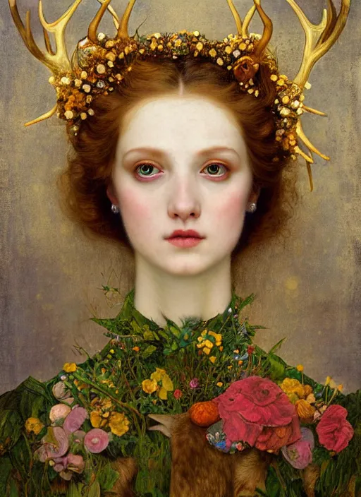Prompt: a portrait of a female deer with human eyes wearing aristocratic clothes, titian, sam spratt, maxfield parrish, gustav klimt, tom bagshaw, mark ryden, alphonse mucha, rembrandt, high quality, painting, oil