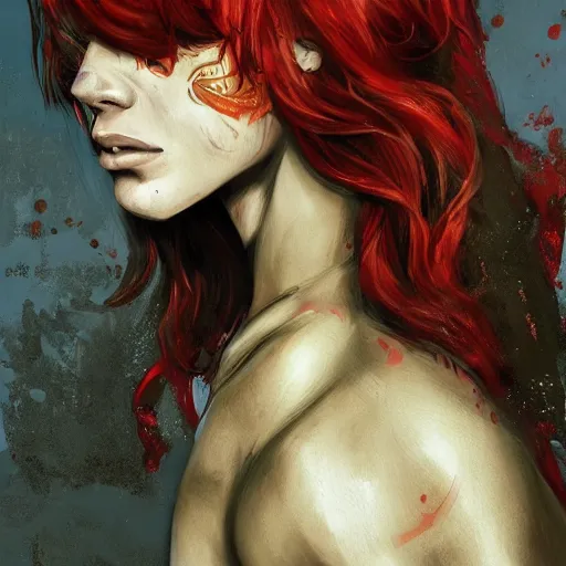 Image similar to portrait of a teen boy with long red hair and a lot of freckles and muscular, intricate, highly detailed, digital painting, artstation, sharp focus, illustration
