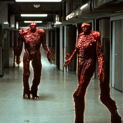 Prompt: 1 9 8 0 s sci - fi movie, still frame, skinned monster demon in hi - tech corridor, photorealistic