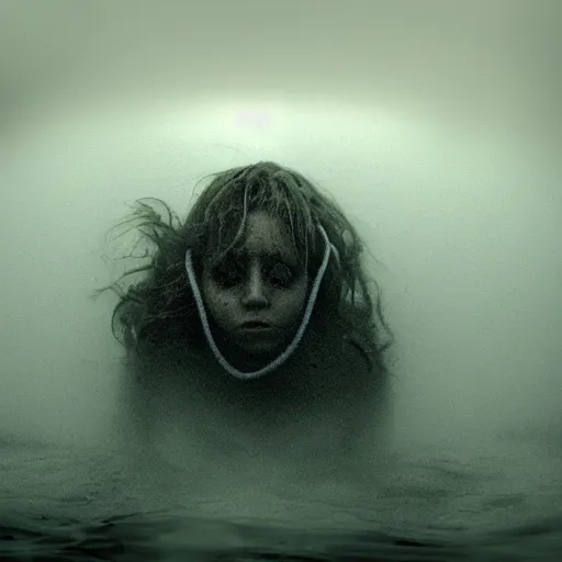 Image similar to sea monster, wide angle, pov underwater, visceral, abomination, pale skin, dark and foggy water, misty, dark, dramatic,'silent hill ', big eyes, terrifying, horrific, cinematic