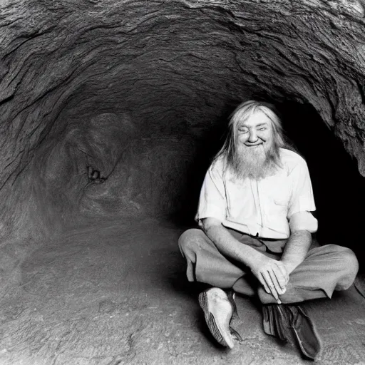 Image similar to laughing robert wyatt sitting in a cave