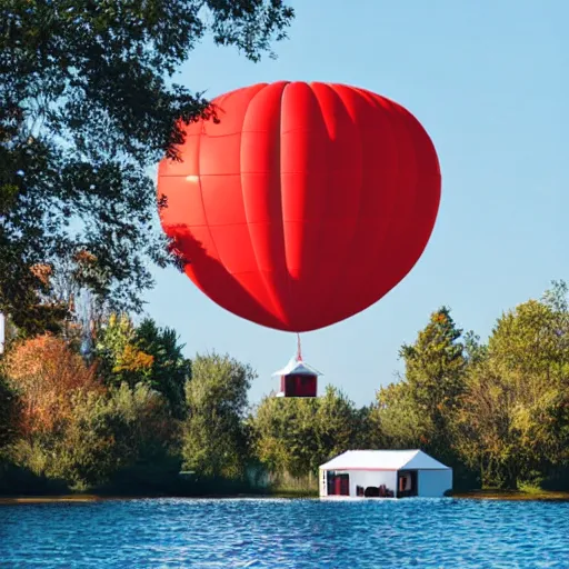 Prompt: floating house lifted in sky by balloons