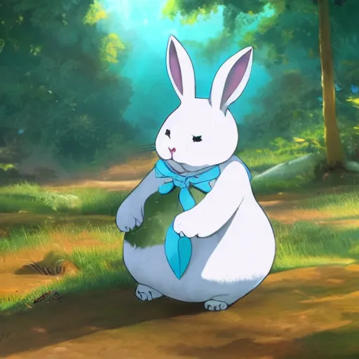 Image similar to concept art painting of a chubby white rabbit wearing a turquoise dress, in the deep forest, realistic, detailed, cel shaded, in the style of makoto shinkai and greg rutkowski and james gurney