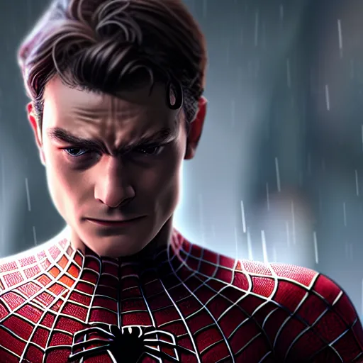 Peter Parker as Spiderman , heavy rain ,dramatic, | Stable Diffusion ...