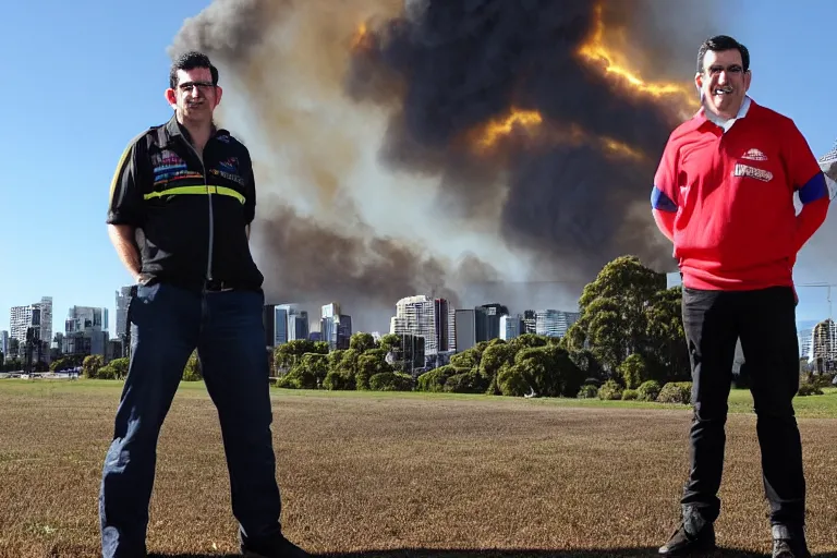 Image similar to a photo of Dan Andrews standing in front of Melbourne as it burns to the ground