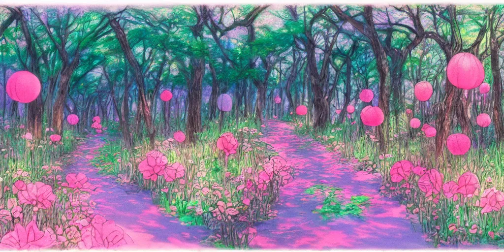 Image similar to path through a wide forest, modern flowers and fierflies, lanterns. pastel!! watercolor art, expansive cinematic view, volumetric shading, intricate and detailed, highly saturated colors. by madeon. breath of the wild style, by hayao miyazaki ghibli!!!. pink!! accents. trending on artstation. award winning