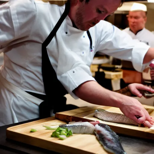 Prompt: chef butchering fish for sushi, realistic