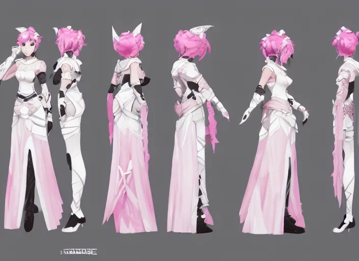 Image similar to character sheet for a beautiful and cute girl in wedding dress for genshin impact by greg rutkowski, black to light pink fade hair, genshin impact style, overwatch style, sorcerer magic witch, longsword, digital art, trending on artstation, hd, 8 k, highly detailed, good lighting, beautiful, masterpiece
