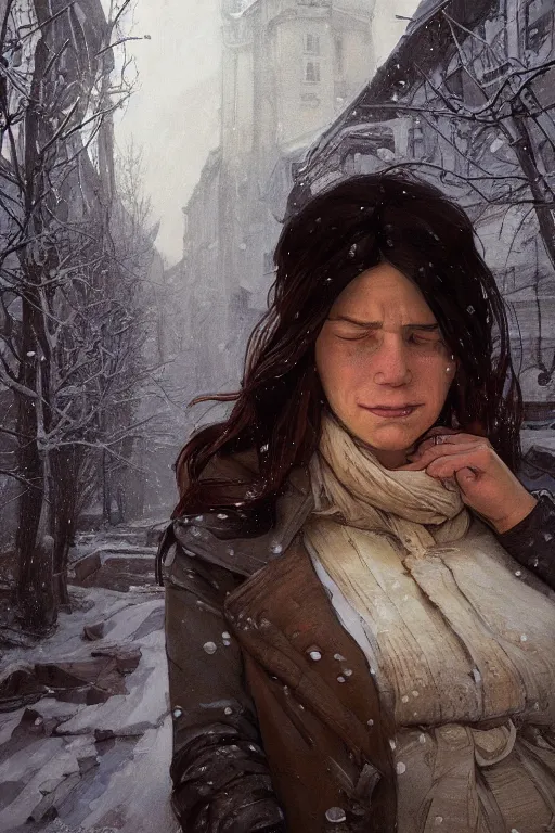 Prompt: portrait of a hungry and unhappy pregnant woman in the besieged Leningrad in winter, digital painting, artstation, concept art, smooth, sharp focus, illustration, art by artgerm and greg rutkowski and alphonse mucha