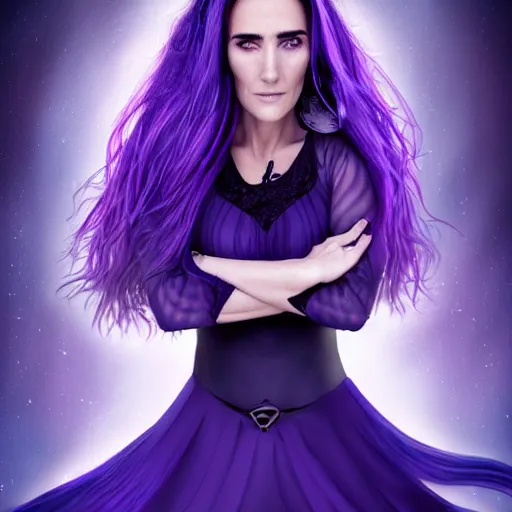 Prompt: beautiful witch female, Jennifer Connelly, blue and purple glowing hair, smiling, clear clean face, two perfect eyes, perfect eyes perfect symmetrical eyes, symmetrical face, blurry background, pose, Alexandra Fomina, painterly style, high contrast