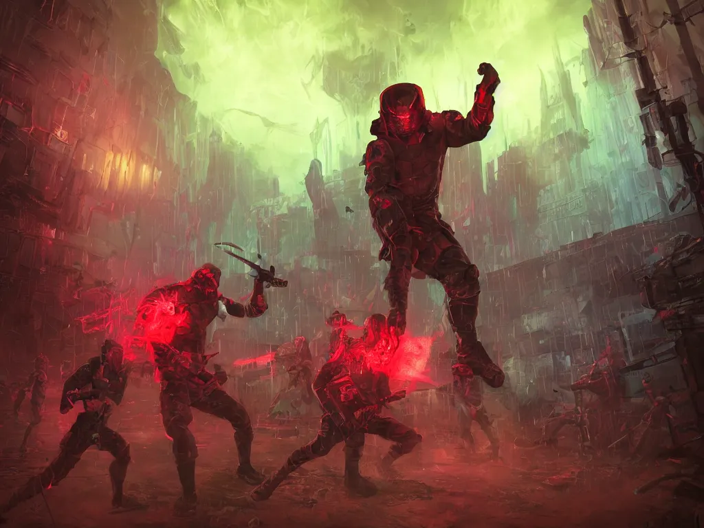 Image similar to tactical combat squad in red hoods fighting otherworldly monsters werewolves between the mystical foggy swamp. Style as if Dan Mumford and Steven Belledin make game in Unreal Engine, photorealism, colorful, finalRender iridescent fantasy concept art 8k resolution concept art ink drawing volumetric lighting bioluminescence, plasma, neon, brimming with energy, electricity, power, Colorful Sci-Fi Steampunk Biological Living, cel-shaded, depth, particles, lots of reflective surfaces, subsurface scattering