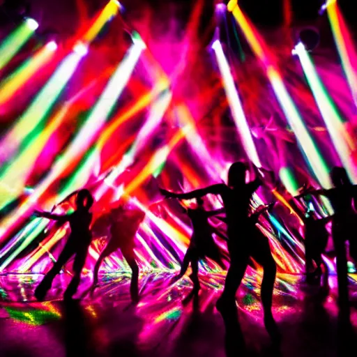 Image similar to dark dancing silhuettes in a dance club, colorful lights, dramatic lighting, a lot of energy, photograph 8 5 mm f 1. 4