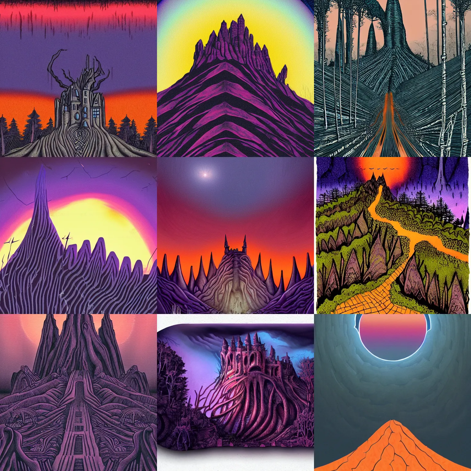 Prompt: giger illustration. dark purple steep and zig - zag path to evil fantasy castle over a high dark blue hill at night. orange to pink gradient sky and thunderstorm background. forest underneath