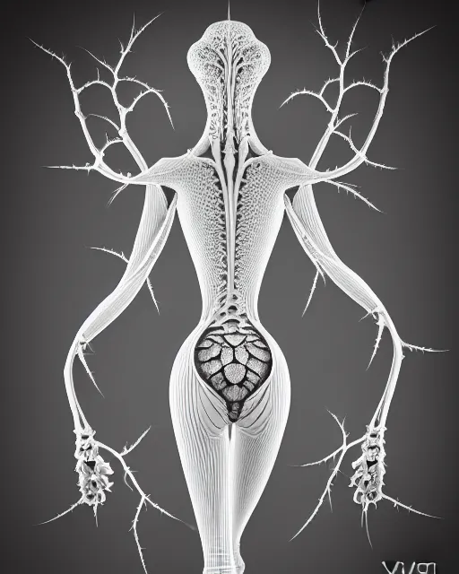 Image similar to a contrasted black and white 3D render of a beautiful female vegetal-dragon-cyborg, 150 mm, orchid stems, ivy, fine lace, Mandelbrot fractal, anatomical, flesh, facial muscles, microchip, veins, arteries, full frame, microscopic, elegant, highly detailed, flesh ornate, elegant, high fashion, rim light, octane render, 8K