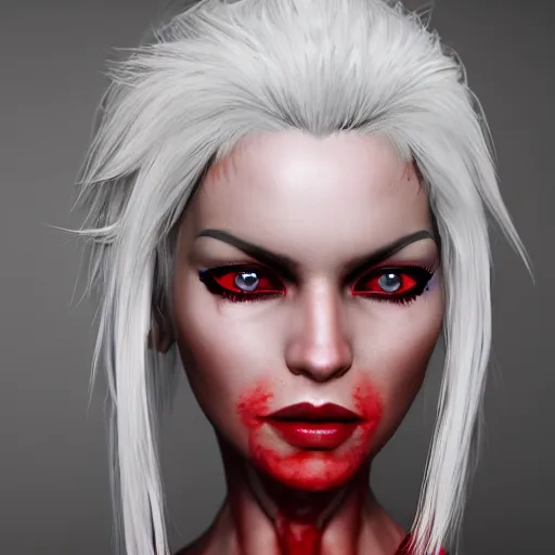 Image similar to a highly detailed portrait of a humanoid demon girl with white hair, red horns, in white clothes, red eyes artstation, deviantart, professional, unreal engine 5, photorealistic