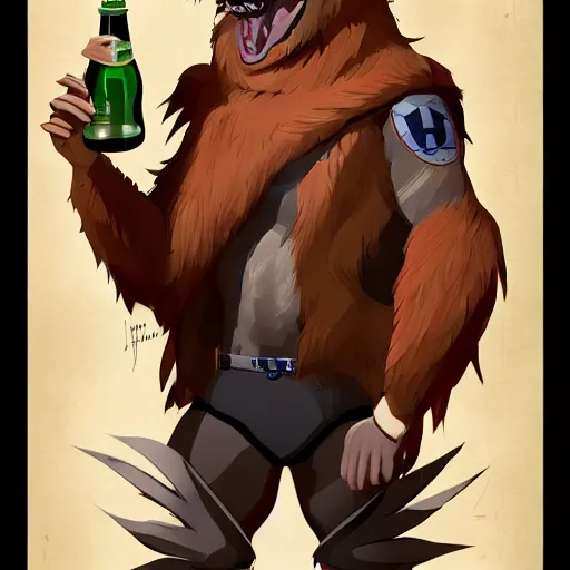 Prompt: a humanoid german shepherd beast - man in soccer style, holding a bottle of beer, artstation, concept art, smooth, sharp foccus ilustration, artstation