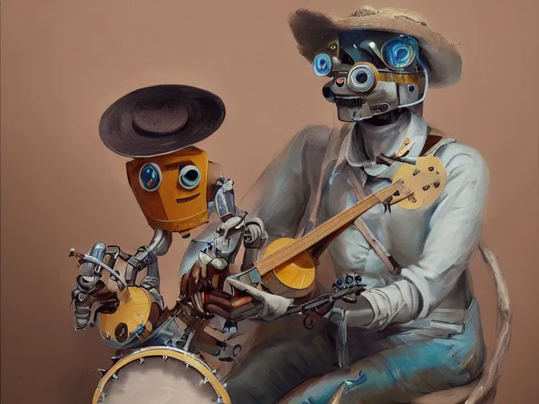 Prompt: painting of a country bumpkin robot playing a banjo, straw in his mouth, style of peter mohrbacher, high detail, hyper realistic, 8 k