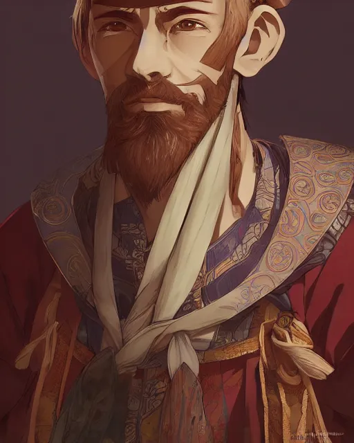 Prompt: an anime portrait of ferdinand magellan as a beautiful man wearing a kimono from skyrim, by stanley artgerm lau, wlop, rossdraws, james jean, andrei riabovitchev, marc simonetti, and sakimichan, trending on artstation