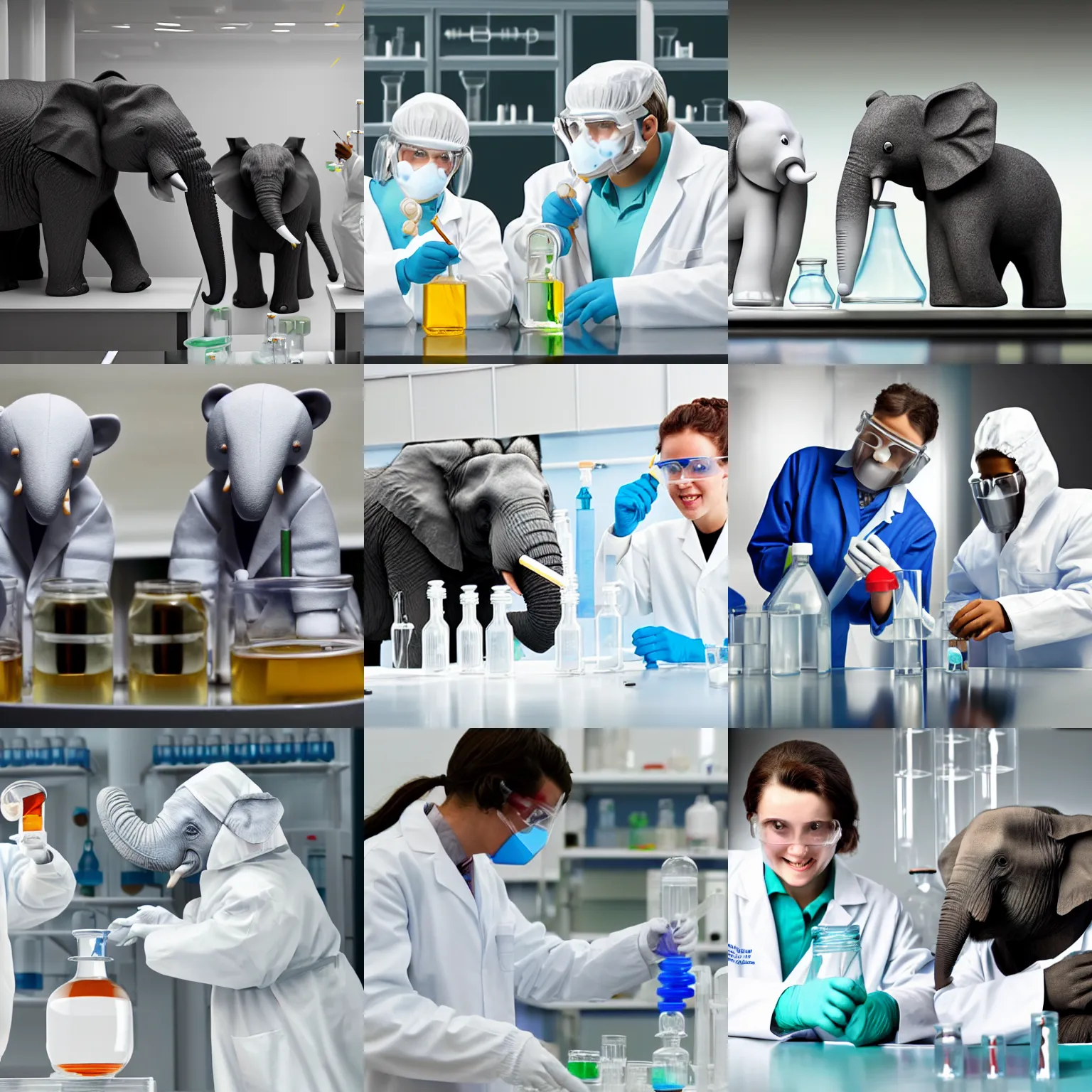 Prompt: an elephant and a bear in white coats doing experiments in the chemistry lab, photorealistic