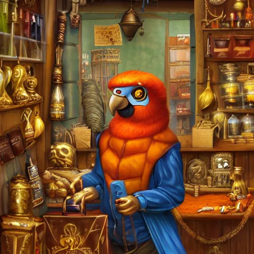 Image similar to A Anthropomorphized friendly parrot trader in his shop, selling his wares, portrait, items, gold, carpet, window, sly expression, cunning expression, presenting wares, holding a gold bag, D&D, fantasy, cinematic lighting, highly detailed, digital painting, artstation, concept art, smooth, sharp focus, illustration, warm light, cozy warm tint, magic the gathering artwork, volumetric lighting, 8k, art by Akihiko Yoshida, Greg Rutkowski