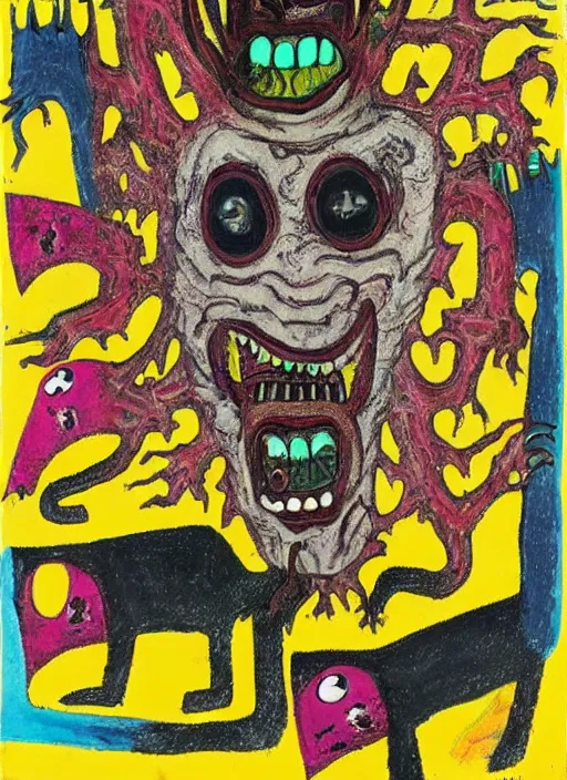 Image similar to a crazy horror portrait of art brut monster, which has weird stretched out eyes and a misshapen mouth, chaotic fulcolor background, art brut by a psycho man, color crazy outsider art bad painting