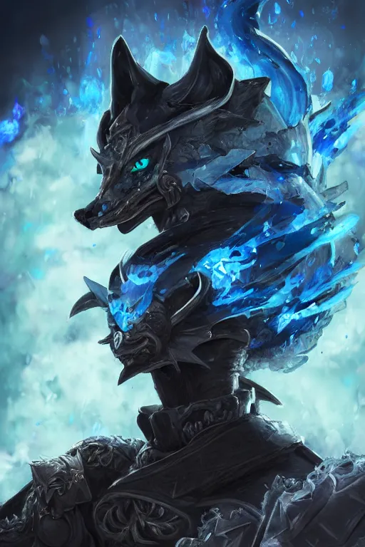 Image similar to anthropomorphic Azure wolf knight, DnD character art portrait, fantasy battleground, raining, blue flame, oil painting, heroic pose, magic the gathering artwork, D&D, fantasy, cinematic lighting, centered, symmetrical, highly detailed, digital painting, artstation, concept art, chromatic aberration, post processing, smooth, sharp focus, illustration, volumetric lighting, epic Composition, 8k, art, DeviantArt, trending on Artstation, Jason Felix, Steve Argyle, Tyler Jacobson, Peter Mohrbacher, Akihiko Yoshida, Greg Rutkowski, Craig Mullins, Frank Frazetta, cinematic lighting