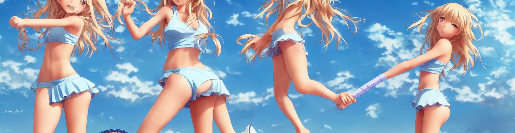 Image similar to a very beautiful young anime tennis girl, full body, long wavy blond hair, sky blue eyes, ( ( ( full round face ) ) ), short smile, bikini, miniskirt, front view, mid - shot, highly detailed, cinematic wallpaper by stanley artgerm lau