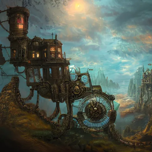 Image similar to steampunk fantasy landscape, digital art, trending on artstation, highly detailed, 4k, hd