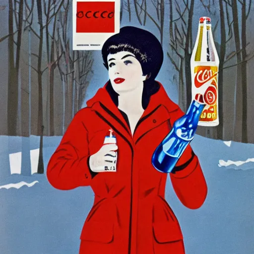 Image similar to a beautifully detailed image of a woman in a parka drinking a bottle of coke, constructivist, russian, soviet advertisement, 1 9 6 0's