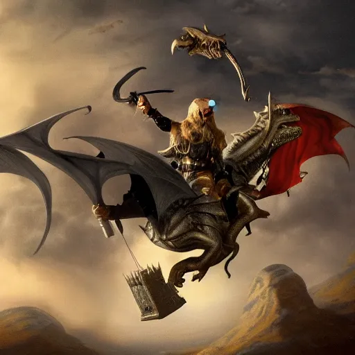 Image similar to a viking flies aboard a dragon holding the severed head of donald trump, over the white house, highly detailed, 8 k