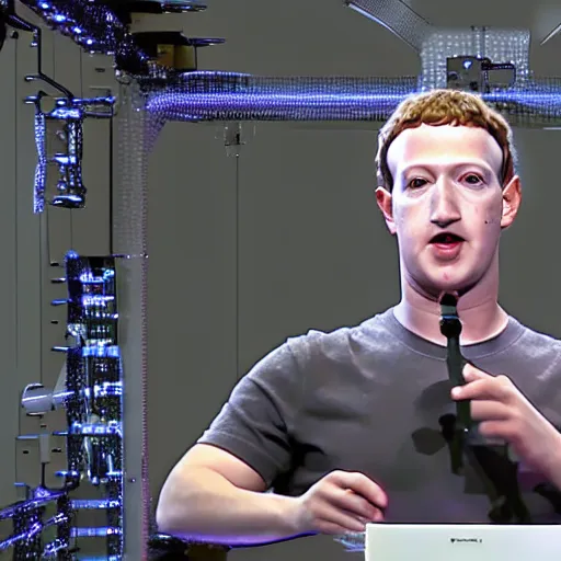 Image similar to Mark Zuckerberg revealing his very detailed and complex cybernetic enhancements faceplate lifting from his,arms revealing cables and metal frame ,raytracing, very detailed, 4k, cinematic lighting,