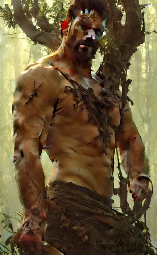 Prompt: god of the forest, 3 0 years old, rugged, male, gorgeous, detailed face, amazing, thighs, ottoman, muscular, intricate, highly detailed, digital painting, artstation, concept art, sharp focus, illustration, art by greg rutkowski and alphonse mucha