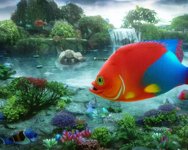 Image similar to of a very beautiful scene. ambient occlusion render. a sweet fat little girl is in love with a huge, colorful and beautiful fish. hyper realistic. 4 k. wide angle. in the baroque style. wild. symmetrical face, red mouth, blue eyes. deep focus, lovely scene. ambient occlusion render. garden. unreal engine.