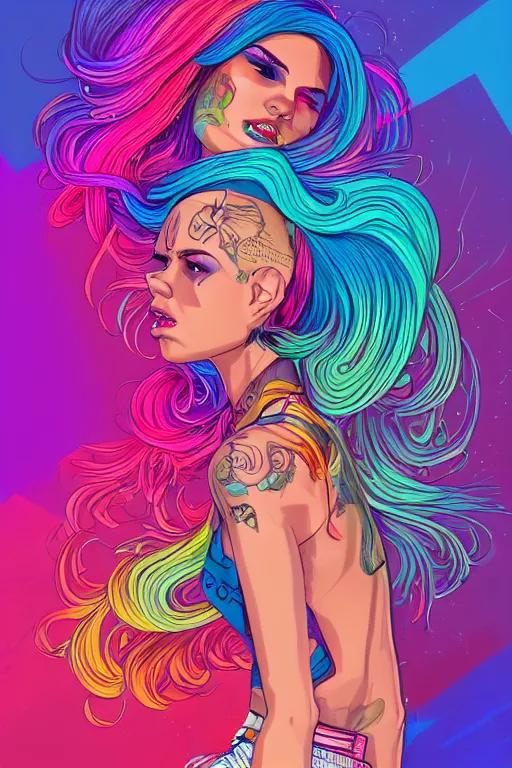 Image similar to a award winning half body portrait of a beautiful woman with stunning eyes in a printed croptop and cargo pants with rainbow colored ombre hairstyle head in motion and hair flying by josan gonzales, outrun, vaporware, shaded flat illustration, digital art, trending on artstation, highly detailed, fine detail, intricate