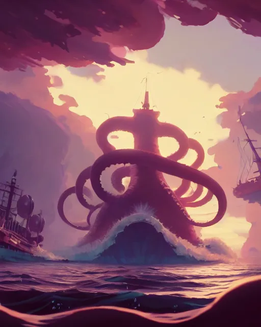 Prompt: a gigantic glowing kraken attacking a big pirate ship, deep water, cory loftis, james gilleard, atey ghailan, makoto shinkai, goro fujita, studio ghibli, rim light, exquisite lighting, clear focus, very coherent, plain background, soft painting