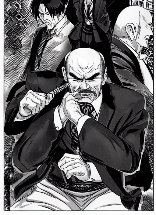 Image similar to heihachi mishima dressed formally, smoking a cigar, drawn in the style of keisuke itagaki, manga illustration, tekken