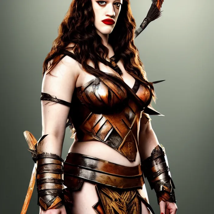 Image similar to full body photograph of kat dennings as a amazon warrior. Extremely detailed. 8k