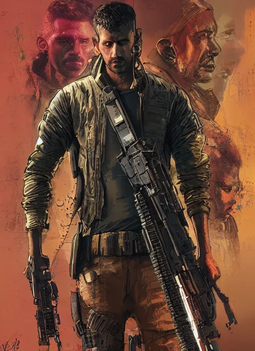 Image similar to cyberpunk military indian ( blade runner 2 0 4 9, dystopian, cyberpunk 2 0 7 7 character design ), advanced warfare, attractive face. portrait by james gurney and laurie greasley and yoji shinkawa, digital art. cinematic composition, hyper realism, realistic proportions, anatomy, dramatic lighting, photorealistic, high detail, 4 k