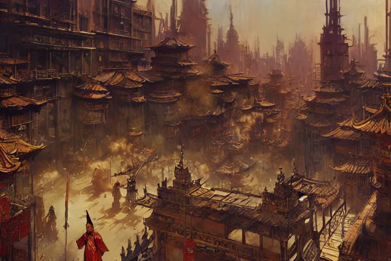 Image similar to wuxia, steampunk city, painting by gaston bussiere, craig mullins, j. c. leyendecker