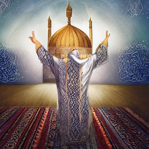 Prompt: bedouin in white abaya with his hands raised towards the sky praying, he is in a mosque, concept art, intricate details, vibrant colors by anato finnstark