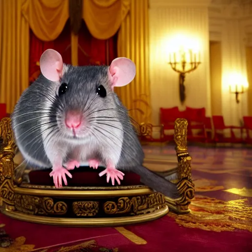 Image similar to A rat siting on a throne in the white house. Cinematic lighting, bright colors.