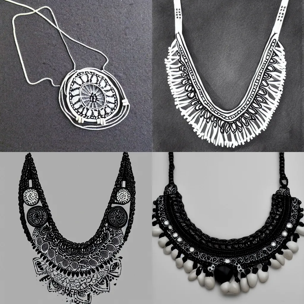 Prompt: black and white bohemian necklace sketch design