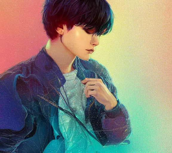 Prompt: harmony blue jacket, tiny rainbow triangles, black haired yoongi, above water, ripples, six pack, crying, by wlop, james jean, victo ngai, muted colors, highly detailed, fantasy art by craig mullins, thomas kinkade