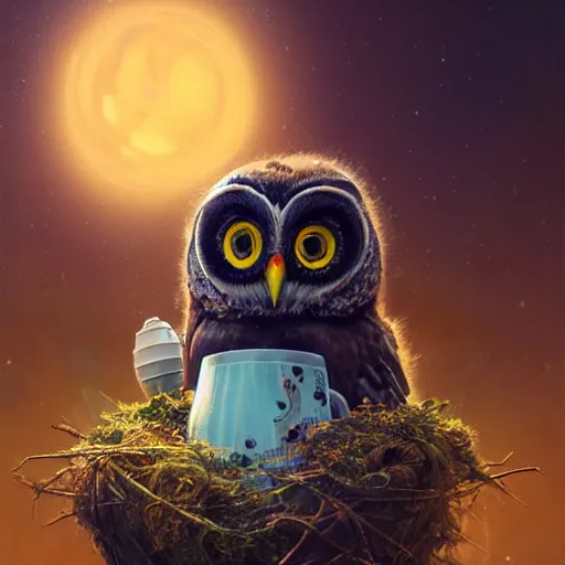 Image similar to long shot of a very cute owl chick nesting in a very futuristic cup, esao andrews, m. w. kaluta, humorous illustration, hyperrealistic, big depth of field, warm colors, night scenery, low light, 3 d octane render, 4 k, conceptart, hyperdetailed, hyperrealistic, trending on artstation