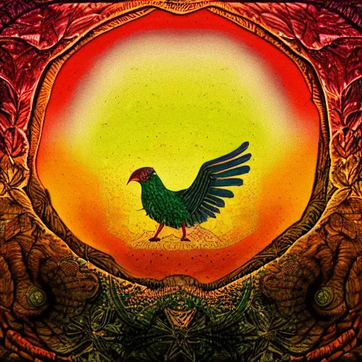 Image similar to the solarpunk phoenix, red bird, ornate egg, regeneration, landscape, epic composition, volumetric light, bokeh, inspired by leonardo da vinci and by mark briscoe