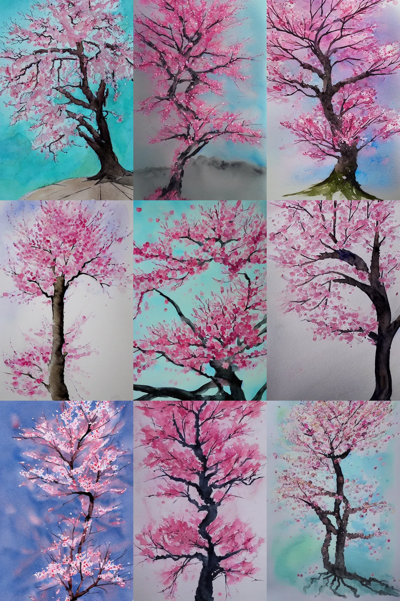 Prompt: Cherry blossom tree, high quality watercolors, award winning, trending on ArtStation