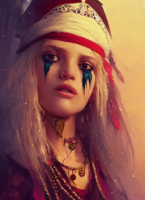 Prompt: full body picture of a pirate girl, hard breathing, messy hair, very excited, front of the treasure box, jewels and gold on the background, coveted, beautiful and aesthetic and attractive and detailed face, specular reflection, occlusion shadow, intricate, bokeh, masterpiece, by ilya kuvshinov and jeremy lipking and quentin mabille