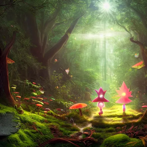 Prompt: tall mysterious woods, a fairy and a gnome go by their own business, light shining through, mushrooms on the ground, warm lighting, concept art, award winning concept art, Thomas Cole, 4k, 8k,